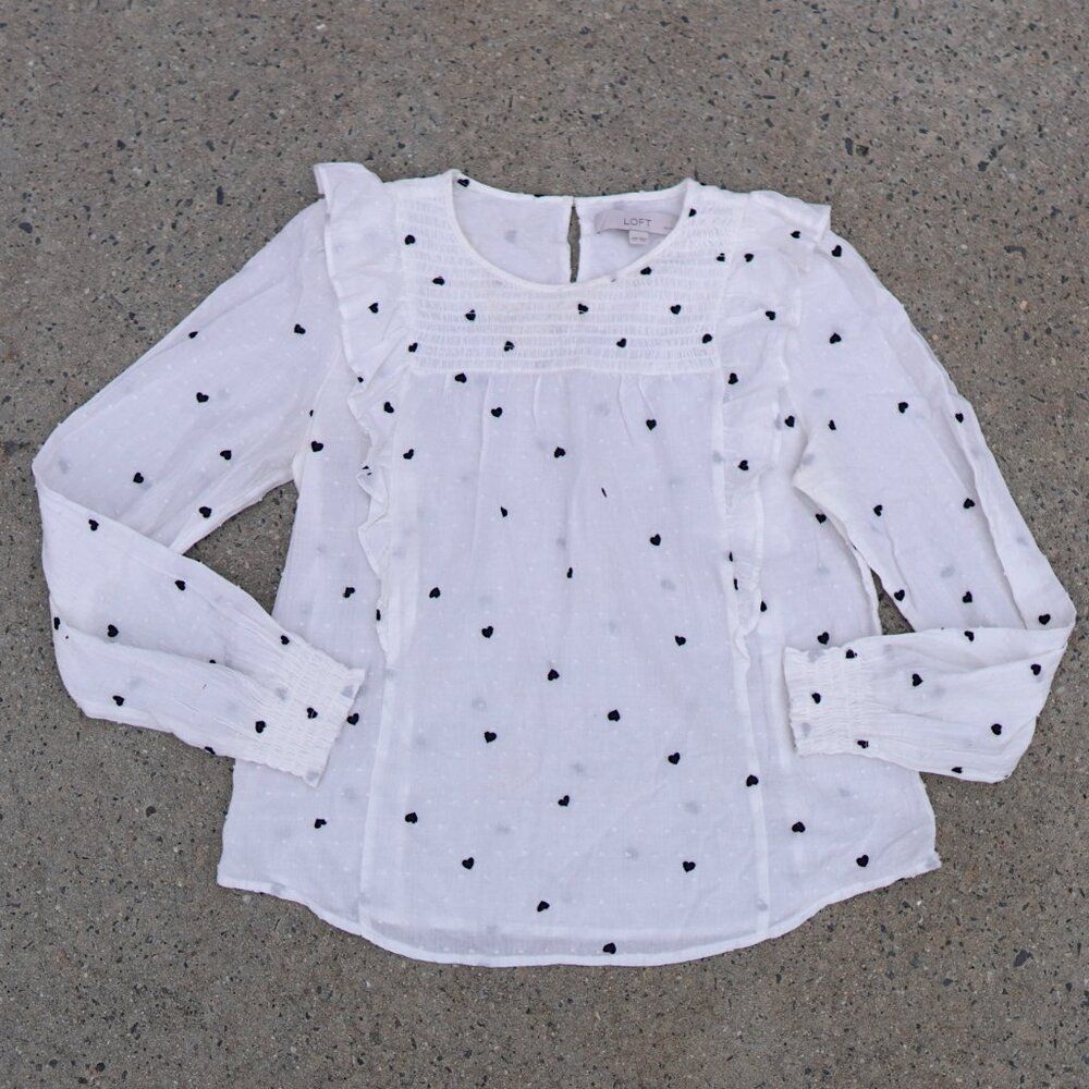 LOFT Smocked Heart Print Ruffle Blouse XSP White Black Embroidered Romantic